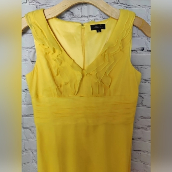 Tahari Arthur Levine Yellow Silk Ruffle Empire Waist Dress Size 10 - Picture 4 of 6